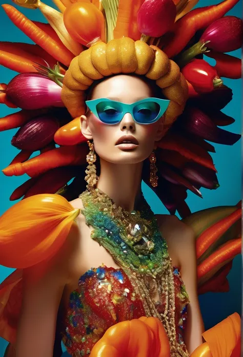 a handsome female, Costume made of vegetable peel, Haute Couture Fashion Photography,In the style of Tom Ford、 Colorful, Eye-catching anaglyph composition, Bright palette, A play of light and shadow, The aesthetics of the vegetable-oriented skin, Olivia Gi...