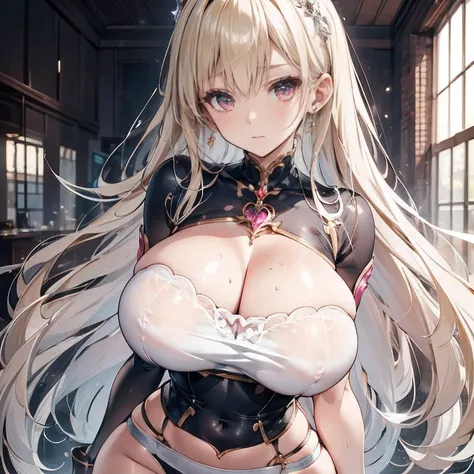 Anime Kawaii sexy Perfect Slim sensual body large breast and huge thighs, An intricate and highly detailed illustration of anime (Young girl) work of art, best qualityer, 1 girl, standing alone, grown-up, hair blonde, long hair, aretes, pink eyes, face det...