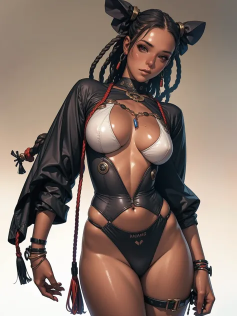 ((best qualityer)), ((work of art)), (detailded: 1.4), (absurdrez), (((black girl))), african girl, (((skin black, darkskin))), afro girl, Zulu warrior, African bracelets and necklaces, skin black, cybernetic hands, red futuristic short clothes, green and ...