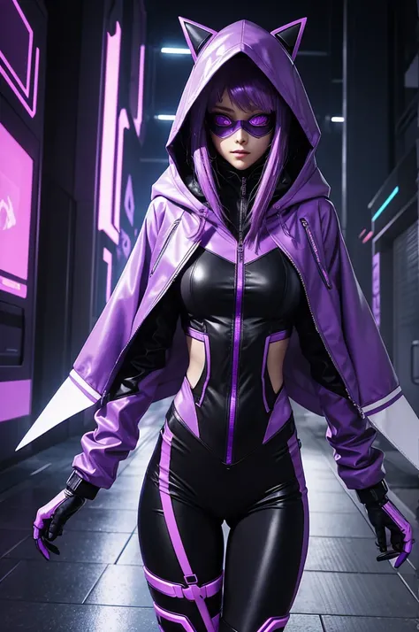 cyber punk scene with vibrant colors of purple and lilac, a cyber girl dressed in a hood and futuristic high-tech and stylish clothes with a mask. in the middle of the avenue