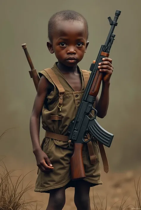 Emaciated child soldier with a gun