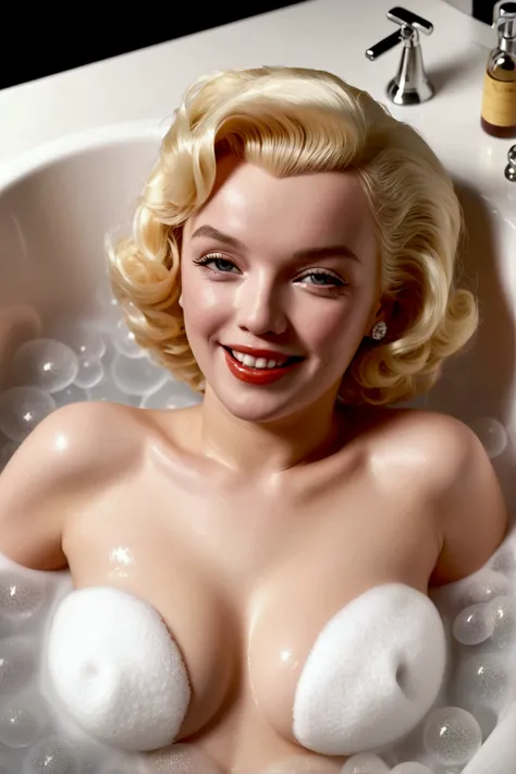 Marilyn Monroe, smiling and looking at the viewer, naked in a bubble bath. Hidden nipples and vagina. Do not show nipples or vagina. Very natural foam, aerated.