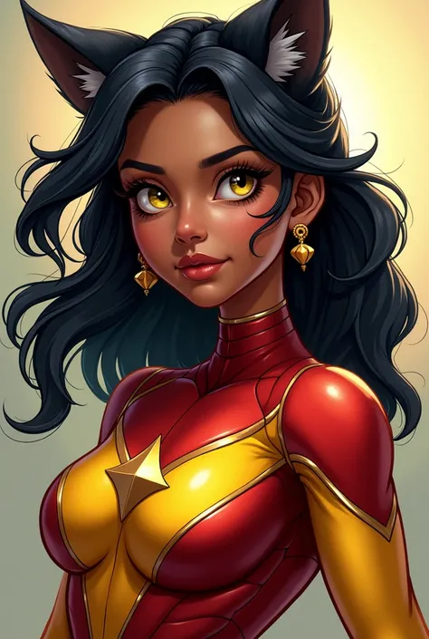 A not so dark Indian skinned girl, black hair with loose wolfcut style, yellow eyes in marvel style suit or semi-real in cartoon

