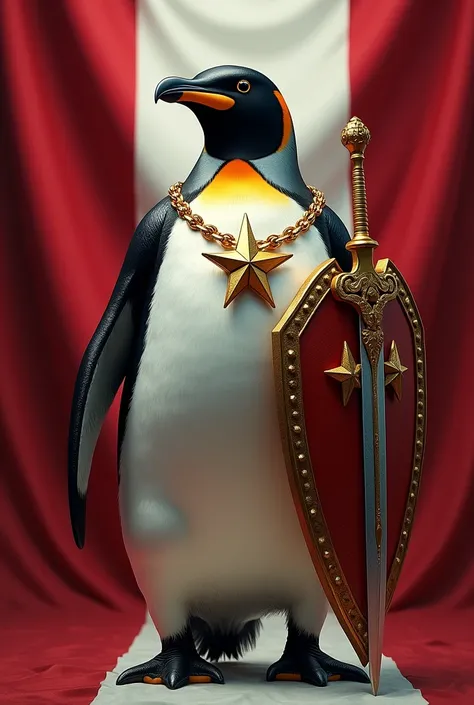 Prince Penguin with his gold star necklace on top of a white corset with his gold one-star shield and his sword for war, with the background of the Peruvian flag