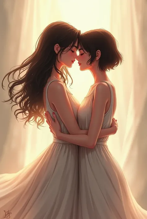 Two girls kissing, one with long hair and one with short hair 