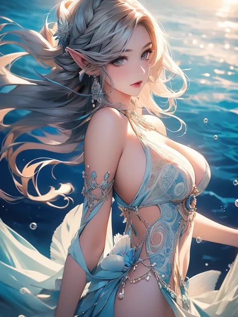 Official art, unity 8k wallpaper, Very detailed, Beautiful and aesthetically pleasing, masterpiece, Highest quality, (Tangled, And Mandalas, indices, mesh), (Fractal Art: 1.3), 1人fish, (Hairstyle: Long Hair) Ocean, Very detailed, Dynamic、The most beautiful...