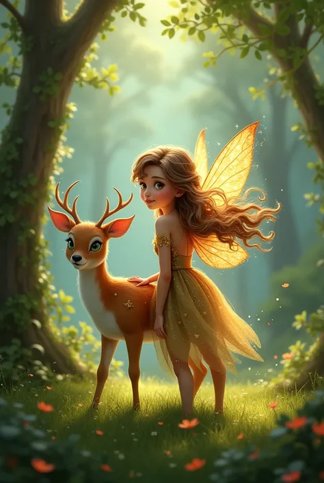 A fairy with tan skin, green eyes and wavy brown hair and wearing a brown dress and has sparkly wings. She is next to a deer