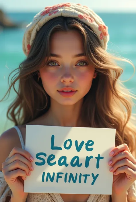 Beautiful girl with wavy long hair, bohemian dress, holding a white board with text "I Love Seaart Infinity" and showing it to the viewer Her head is covered with a head scarf and her hair is also visible