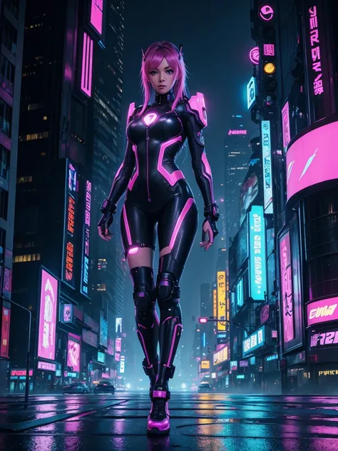 A vibrant cyberpunk scene featuring a cyber girl in a futuristic setting. She is in the center of a city lit by bright neon lights., with tall skyscrapers and wet streets covered in fog. The cyber girl has visible technological implants and is dressed in f...