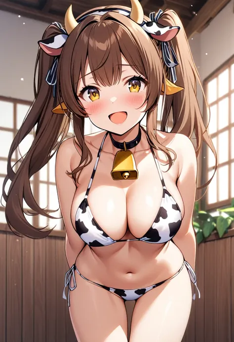 1girl, solo, long hair, breasts, looking at viewer, blush, smile, open mouth, bangs, large breasts, brown hair, ribbon, navel, twintails, brown eyes, swimsuit, hair ribbon, yellow eyes, :d, bikini, horns, choker, bell, arms behind back, thigh gap, animal p...