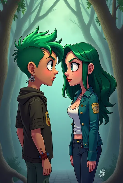 Two characters from gravity falls,one with green hair and piercings and another woman with green hair,blue,coffee and white 