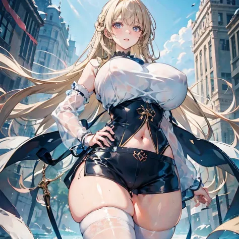 Anime Kawaii sexy Perfect Slim sensual body large breast and huge thighs, An intricate and highly detailed illustration of anime (Young girl) work of art, best qualityer, 1 girl, standing alone, grown-up, hair blonde, long hair, aretes, pink eyes, face det...