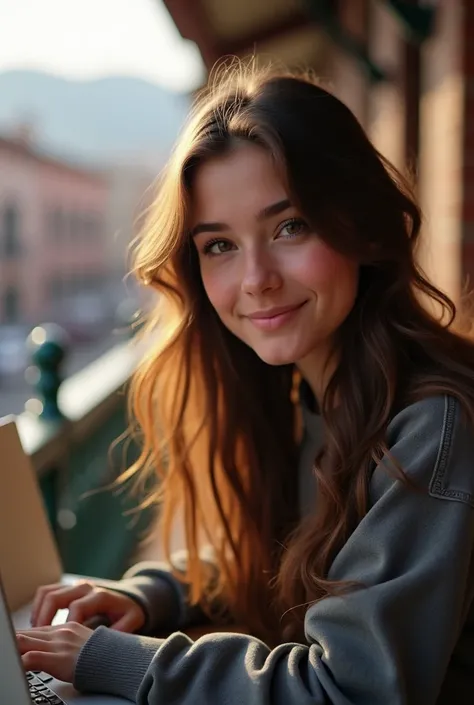 a beautiful twenty-two year old girl with long brown hair, detailed eyes, nose, and lips, wearing casual clothes, Sitting on a balcony drinking coffee in front of a square in Cusco, using your computer, hp computer (Best Quality,4k,8k,High resolution,maste...