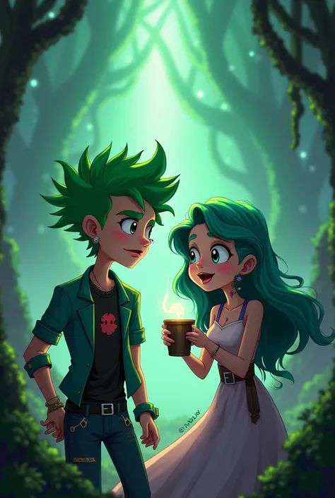 Two characters from gravity falls,one with green hair and piercings and another woman with green hair,blue,coffee and white 