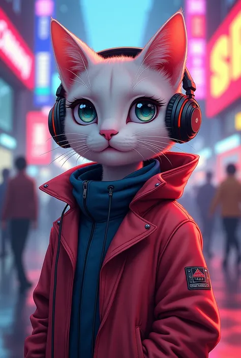 Cat with headphones and coat in anime