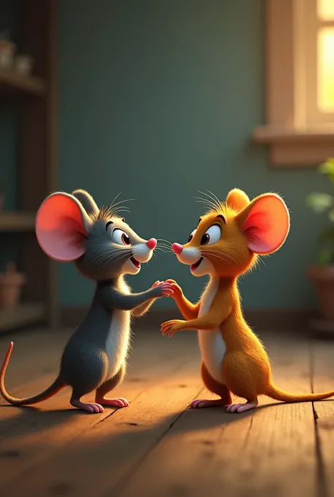 animated mouse defending his animated mouse friend from an animated cat