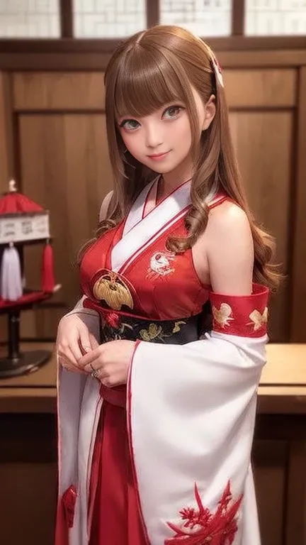 Inside the bar lounge、((No sleeve、Gorgeous embroidery、miko uniform、Shrine Maiden Costume、Shrine Maiden Cosplay、Shrine maiden costume、Shrine maiden costume、With slits:1.3))、1 girl、Medium breast、Short Bob Hair、masterpiece:1.3、Raw photo、Highest quality、Highes...