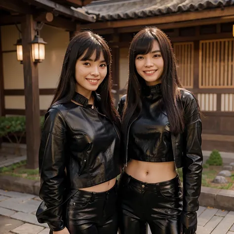 2 Asian Girls, Black Leather Pants, Leather Jacket with Shirt, Long Hair with bangs, Zen Garden, with leather Gloves, with Satin Cloak, Asian, Smile, Friendly, Happy, Open Mouth, tongue out. 