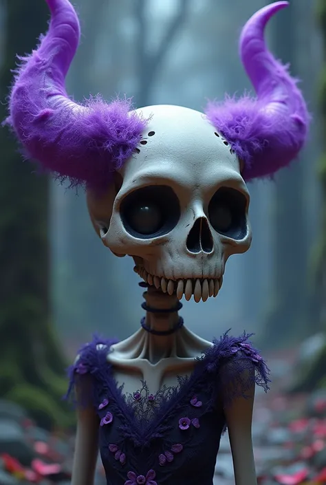 Image of an animated skull with purple comb-like horns, with a dress