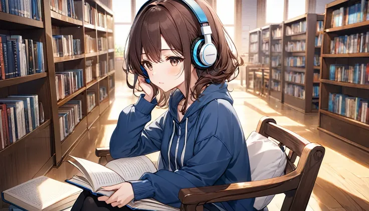 A 20-year-old girl with brown hair and headphones、Reading a book in the library。
background：A quiet corner of the library。
expression：穏やかで知的なexpression。
Costume：Casual and relaxed clothing。
Pause：Sitting on a chair、Turning the pages。
scene：Concentrate on y...