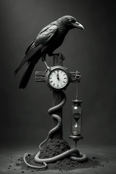 A crow on top of a cross with one eye being a clock, and on his leg attached by a rope an old clock, wrapped around the cross and passing through the old clock a snake with an hourglass eye all in black and white 