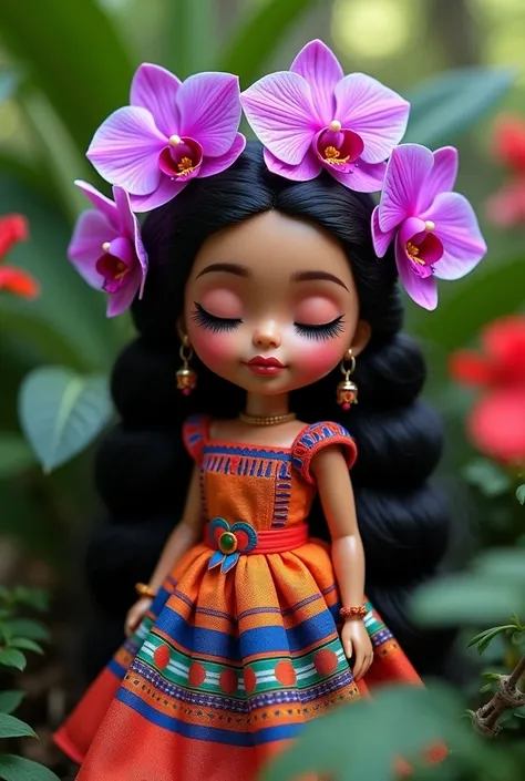 Image of a doll made up in typical Costa Rican style with purple guarias in her hair and a dress