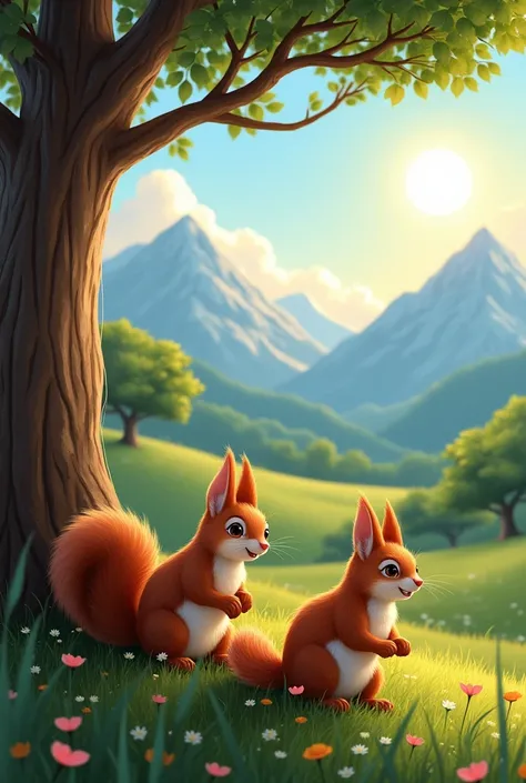 two squirrels on a tree with a countryside landscape background with mountains and sun 
