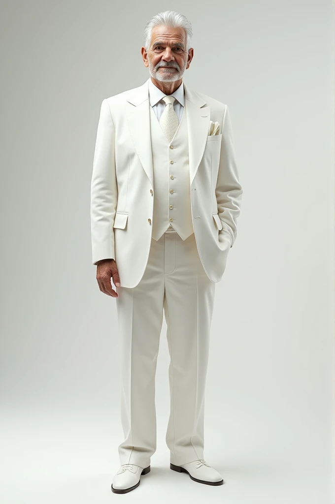 A white man with white hair and a white suit 