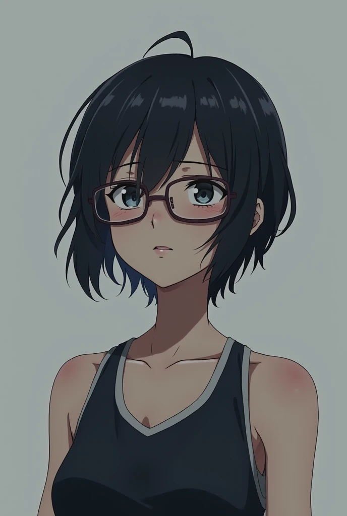 Haikyuu gray background, girl with glasses, short hair a little messy with a good figure, a little pale and with dark circles 