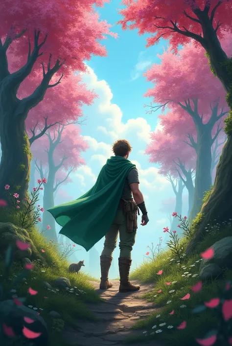 adventurer from back with green cape in a forest of pink leaves looking at the beautiful sky