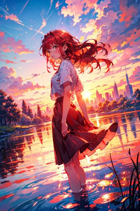 1girl,solo,cute,red hair,red eyes,outdoor,sunny day,brilliant sky,nature,sunset