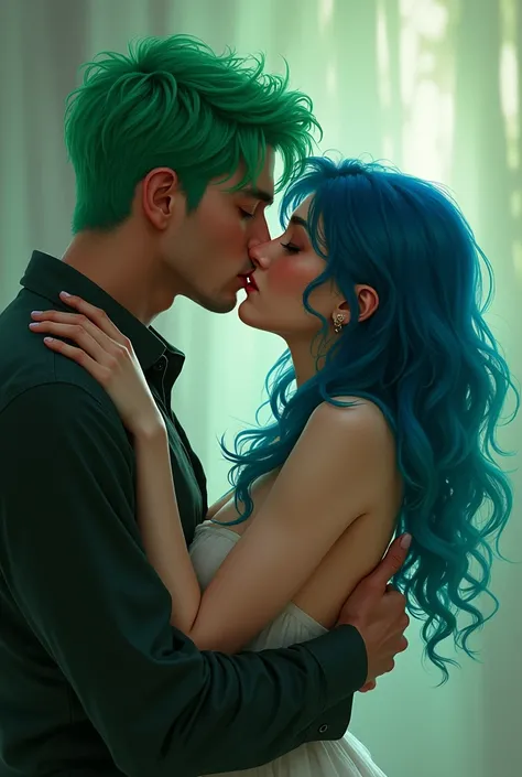 A green-haired man giving a kiss to a woman with half green and half blue hair,a very passionate kiss on the mouth