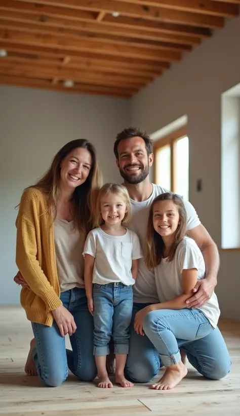 Image of a family with a mother, a father, and two children, gathered in a house under construction