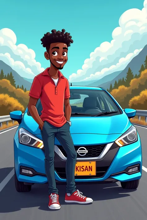 A 24 years black boy park him  nisan blue colour car in highways and he ready to take a photo with car. And tha car number plate have a name the name is "KISAN" full is cartoon image