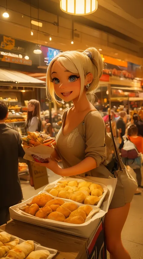 a lively night market, woman in casual clothes carrying snacks, happy joyful smiling face, (best quality,4k,8k,highres,masterpiece:1.2),ultra-detailed,(realistic,photorealistic,photo-realistic:1.37),hyperrealistic, dynamic lighting, vibrant colors, warm to...