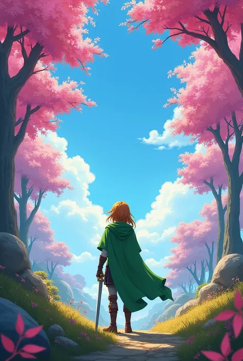 adventurer with green cape from behind in a forest of pink leaves looking at the beautiful sky while holding his sword 