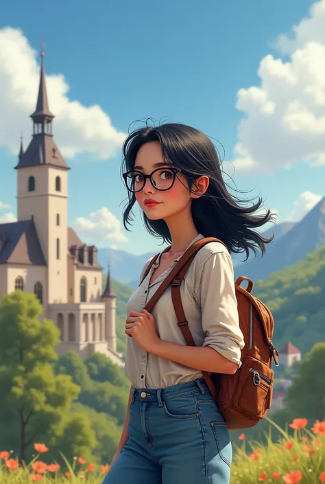 Europe, a girl with loose black hair and glasses, normal build, medium white skin and a backpack, wearing wide jeans and a blouse 