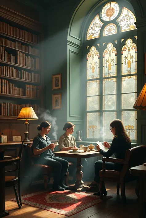  Surrealist photo of a coffee shop with a vintage library 