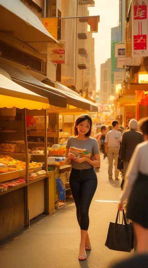 a lively night market, woman in casual clothes carrying snacks, happy joyful smiling face, (best quality,4k,8k,highres,masterpiece:1.2),ultra-detailed,(realistic,photorealistic,photo-realistic:1.37),hyperrealistic, dynamic lighting, vibrant colors, warm to...