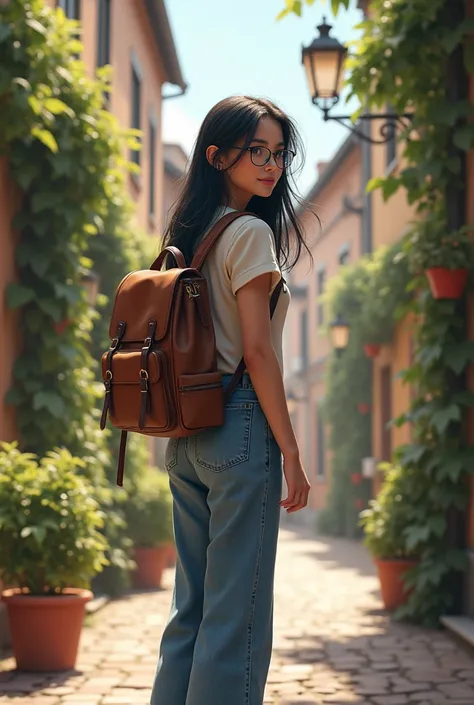 a europe , a girl with loose black hair and glasses, normal build, medium white skin and a backpack, wearing wide jeans and a blouse 