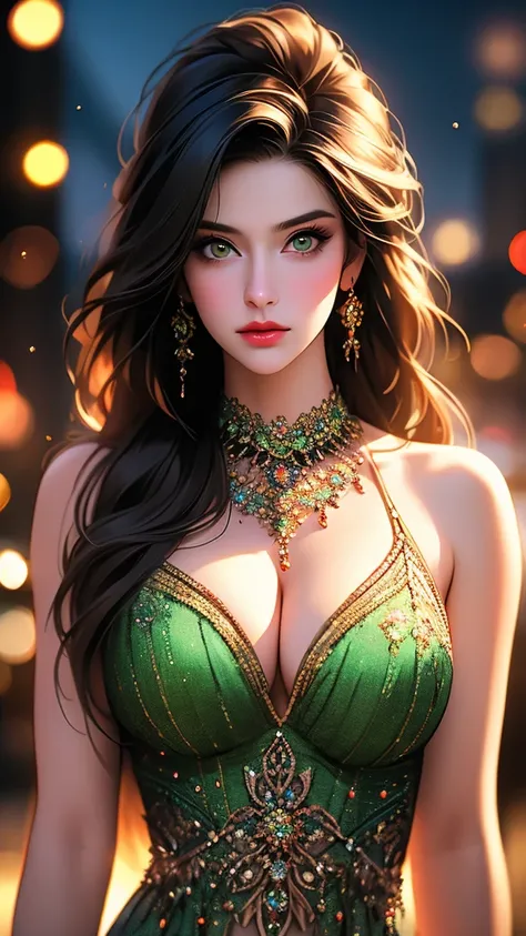 a beautiful woman with detailed green eyes, large breasts, sensual expressions, realistic, photorealistic, photo-realistic:1.37, (best quality,4k,8k,highres,masterpiece:1.2),ultra-detailed, HDR,UHD,studio lighting,ultra-fine painting,sharp focus,physically...