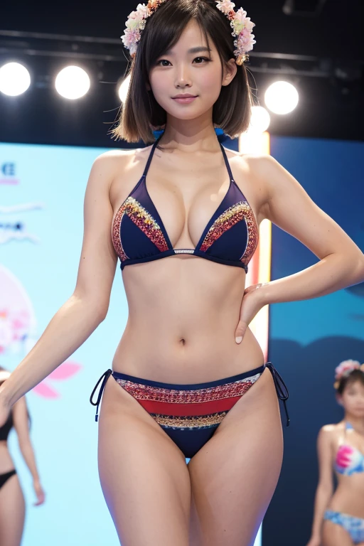 ((best quality)), ((masterpiece)), (detailed),New Swimwear Fashion Show,Three Japanese female models on stage,Big tits,Creative design,Huge Excitement,Lots of galleries,Shot with a 20mm wide-angle lens