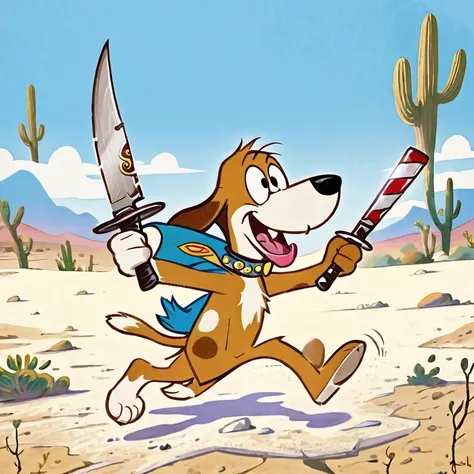 Huckleberry Hound, looking at viewer, holding Knife, Running, Desert, art by Kim Jung-Gi