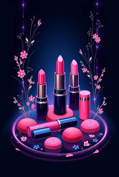 Create an illustration for an eternal flower company, makeup and gummies, that the background is black and the rest purple with blue (The company is called ETERNO BOUQUET)