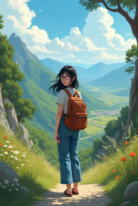 Landscape of Europe a girl with loose black hair with glasses, normal build, medium white skin and a backpack, wearing wide jeans and a blouse 