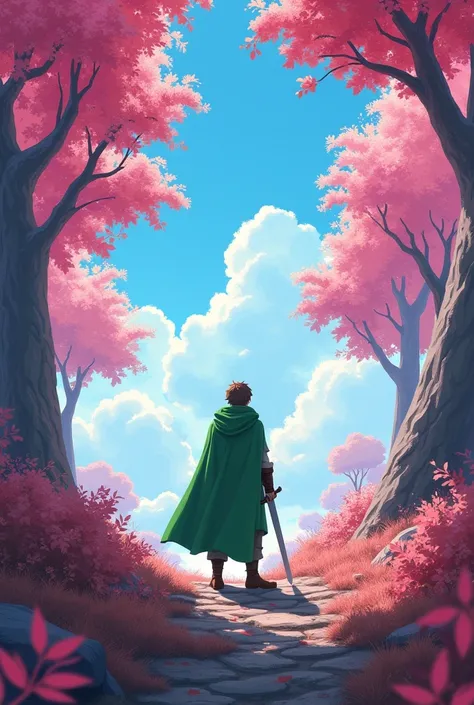 adventurer with green cape from behind in a forest of pink leaves looking at the beautiful sky while holding his sword 