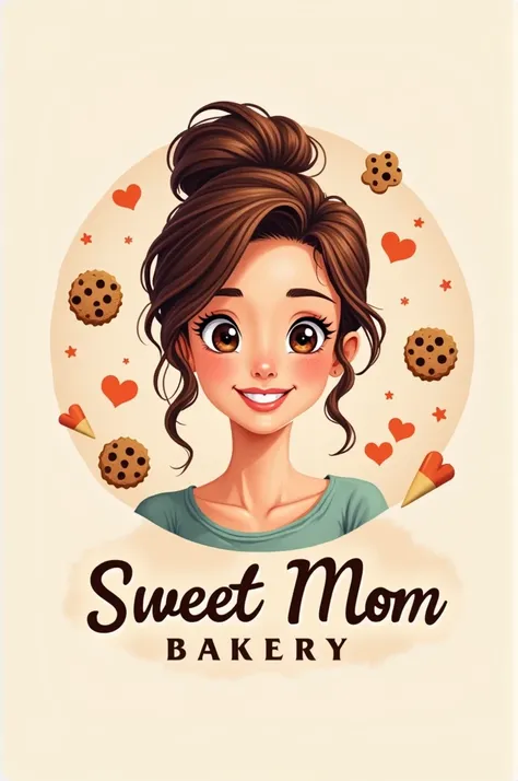 Create a logo for a bakery, a young woman and mother and cookie theme with name Sweet Mom 