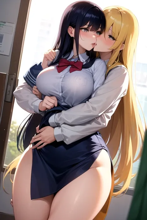 Lesbian (very long loose yellow hair)(big breasts, big thighs)(with school uniform clothes it is very tight) that he is kissing at school with his girlfriend,(big breasts, big thighs)lesbian love