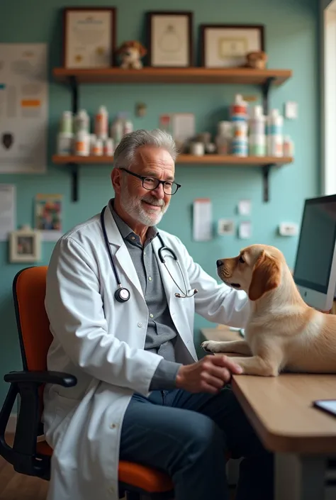 Create a male veterinarian doctor sitting on a chair 
