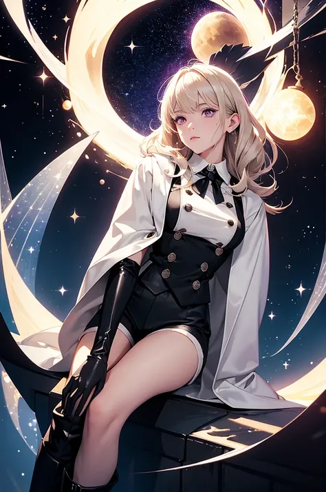 collared white blouse, a black double-breasted vest, shorts with beige trim, and leather boots, hooded silver cloak, female character, light blonde hair, purple eyes, fantastic galactic world, gas aura, galactic atmosphere, radiance and shine of stars, lum...